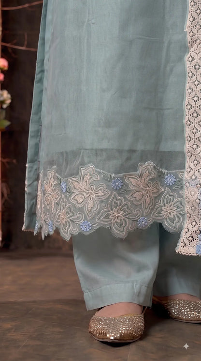 Premium Designer Powder Green Soft Cotton Pakistani Suit with Pearl & Lace Work