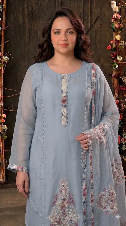 Premium Cotton Designer Sky Blue Floral Embroidered Suit with Pearl Handwork
