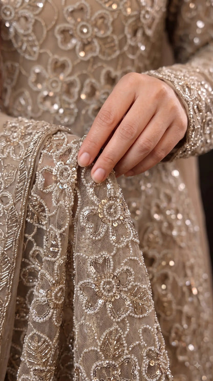 Premium Champagne Organza Ethnic-Western Pakistani Designer Suit with Floral Embroidery, Pearl, Cutdana & Sequin Handwork