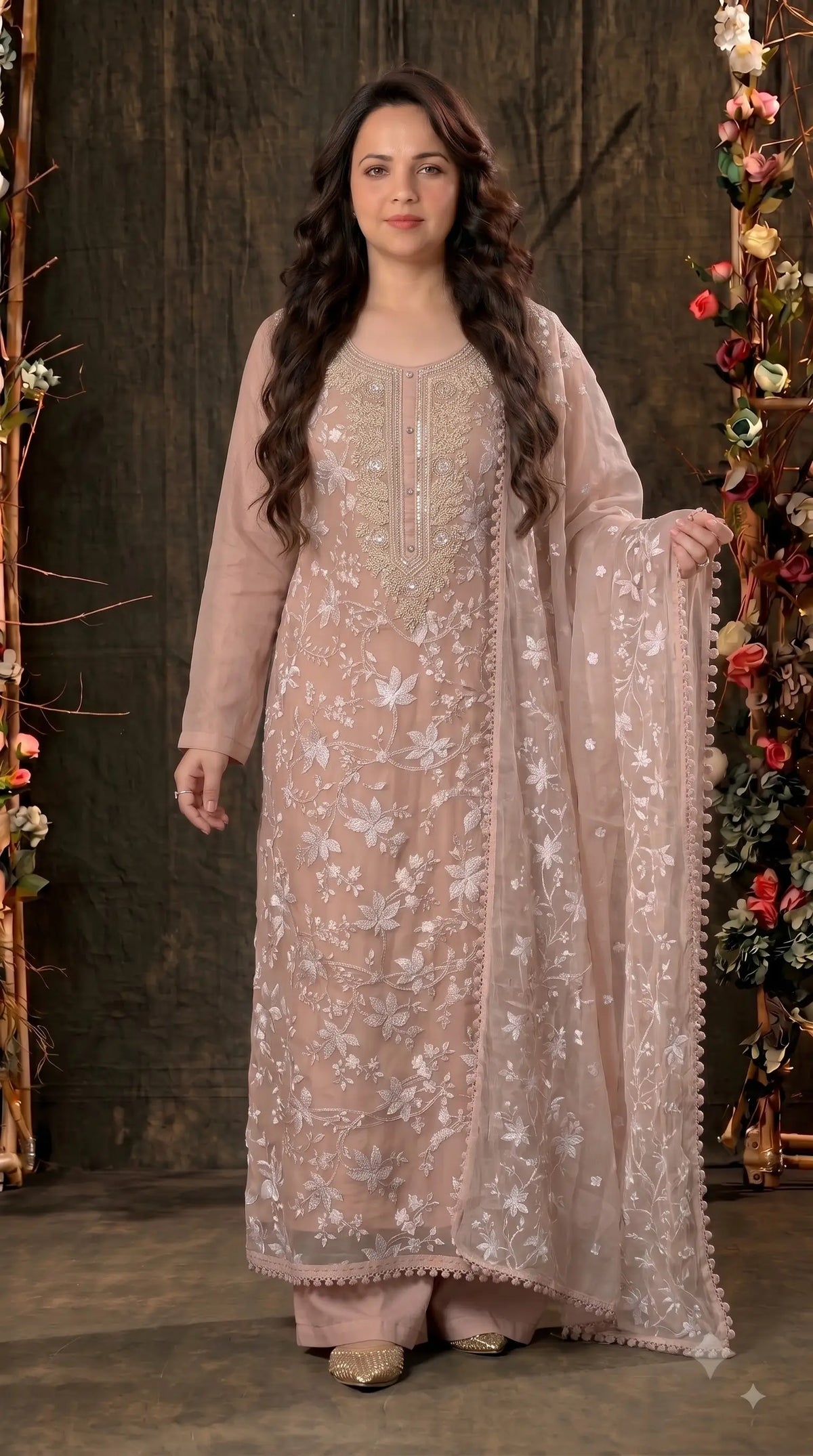 Premium Designer Blush Pink Soft Chiffon Suit with Elegant Applique Floral Work & Graceful Dupatta