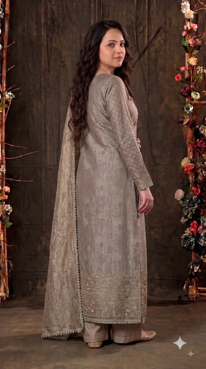 Pakistani Designer Ivory Shade Banarsi Suit with Mirror & Pearl Work
