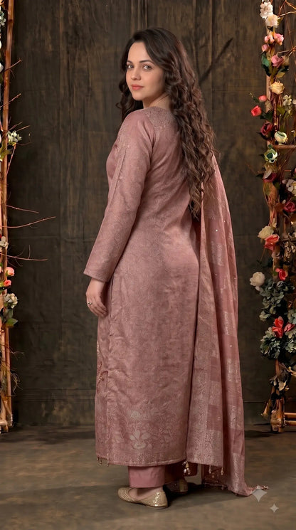 Premium Designer Antique Rose Banarasi Suit with Bead & Sequin Work