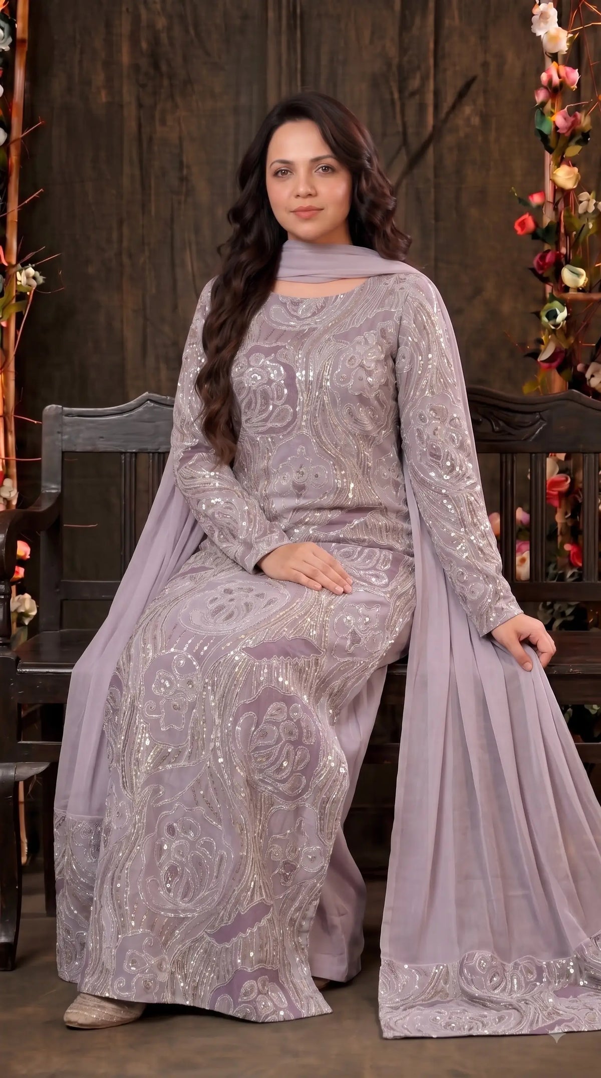 Pakistani Designer Lavender Shade Organza Ethnic-Western Suit with Pearl, Bead & Sequin Work