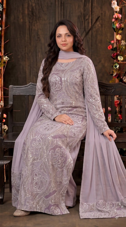 Pakistani Designer Lavender Shade Organza Ethnic-Western Suit with Pearl, Bead & Sequin Work