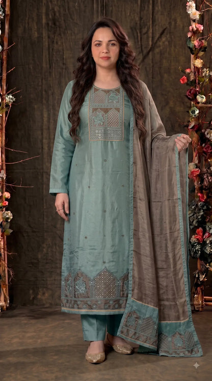 Pakistani Designer Sea Green Tissue Suit with Embroidery, Pearl & Sequin Work