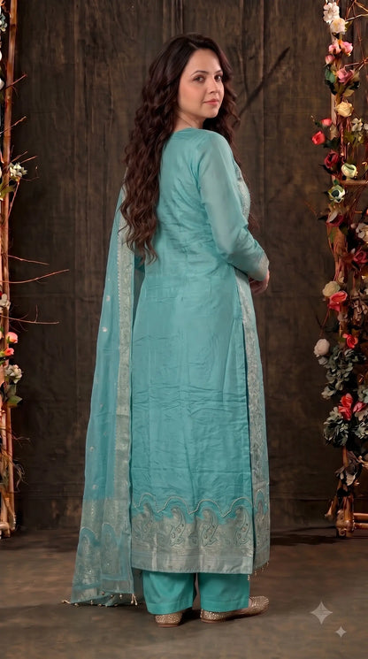 Premium Designer Aqua Turquoise Tulfi Texture Suit with Bead & Paisley