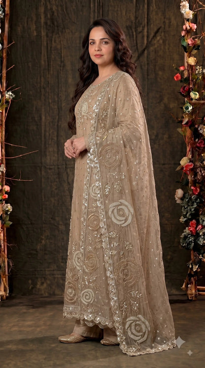 Premium Beige Soft Tissue Designer Suit with Pearl Work