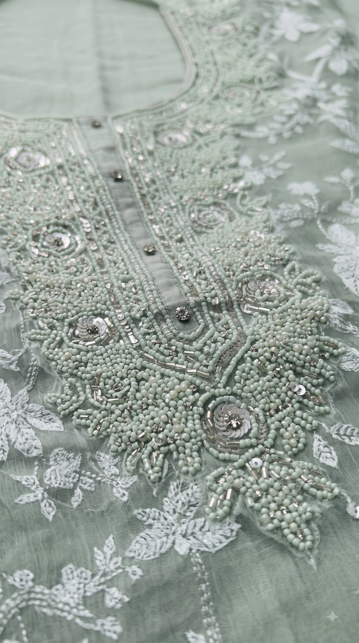 Premium Designer Soft Sage Green Soft Chiffon Suit with Elegant Applique Floral Work & Graceful