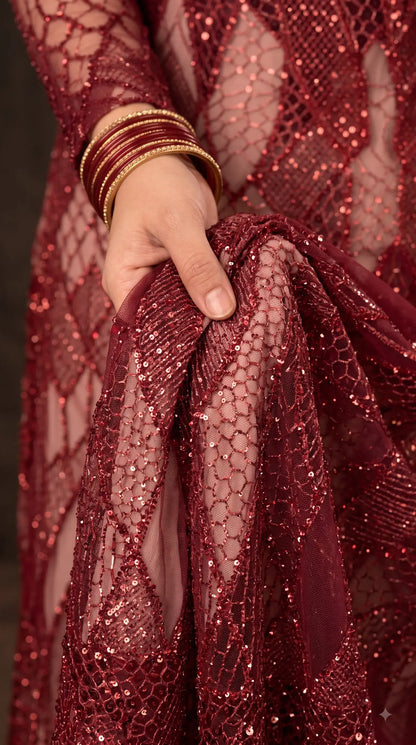 Royal Red Imported Premium Soft Net Pakistani Designer Suit with Handwork, Cut Dana, Pearl & Sequin Work