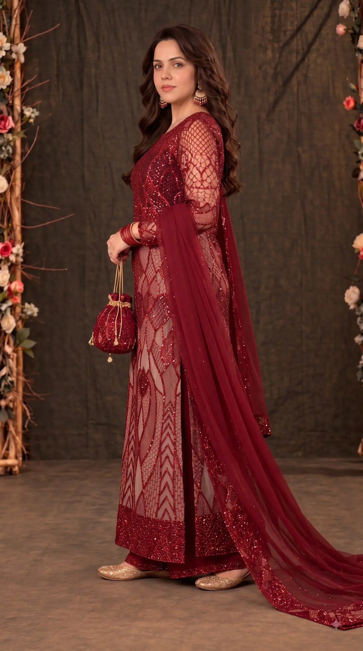 Royal Red Imported Premium Soft Net Pakistani Designer Suit with Handwork, Cut Dana, Pearl & Sequin Work