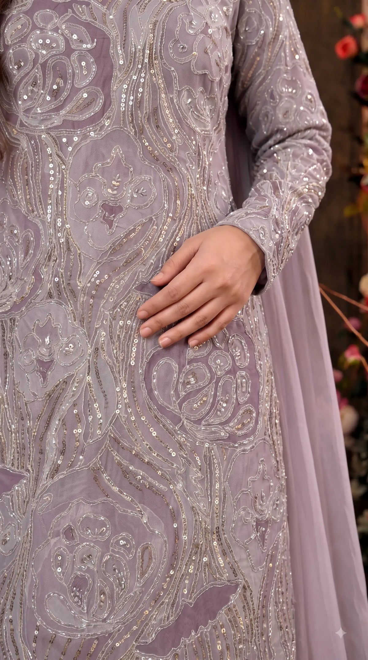 Pakistani Designer Lavender Shade Organza Ethnic-Western Suit with Pearl, Bead & Sequin Work