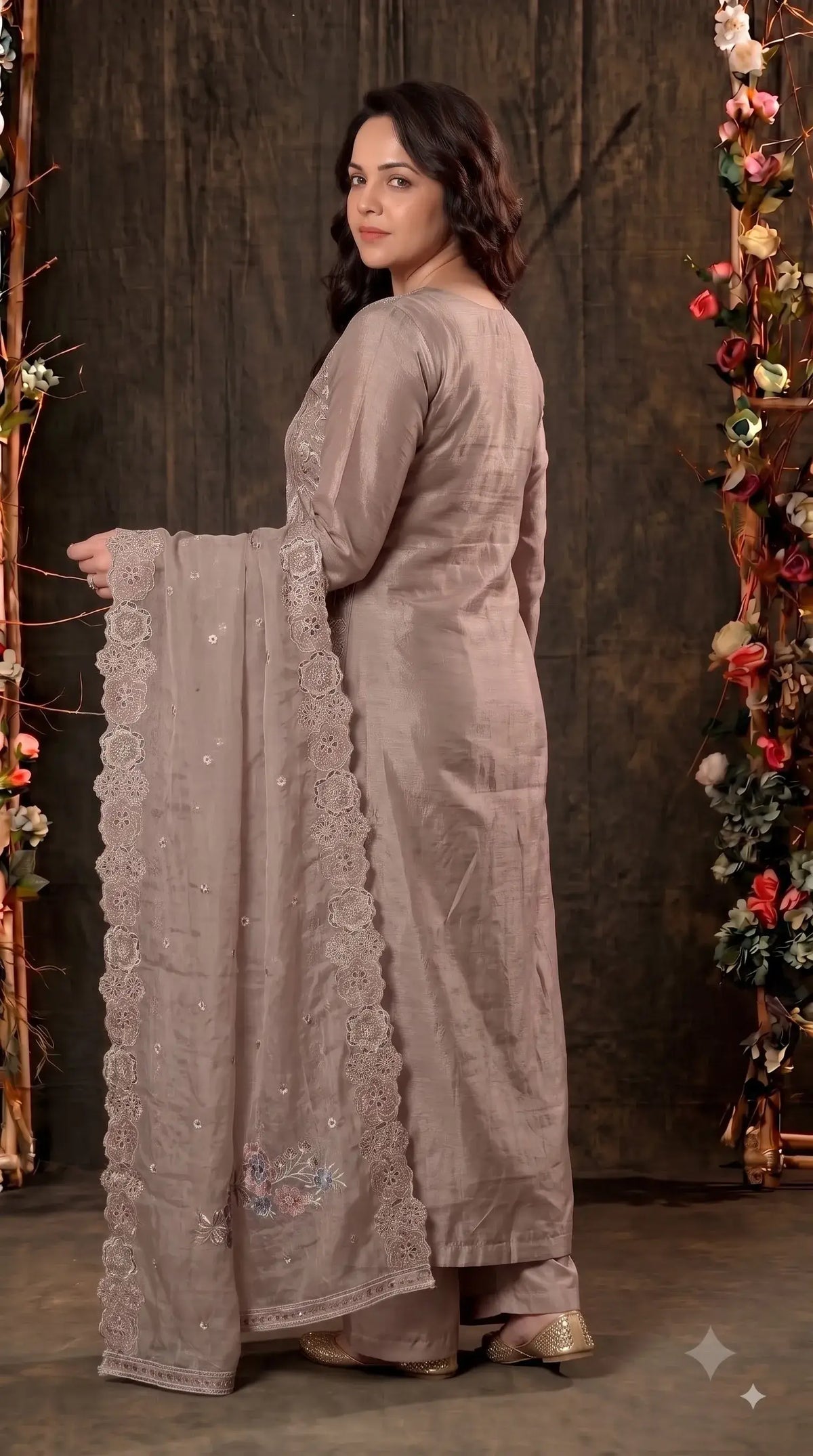 Premium Designer Dusty Rose Taupe Shimmer Silk Suit with Cutwork Floral Embroidery