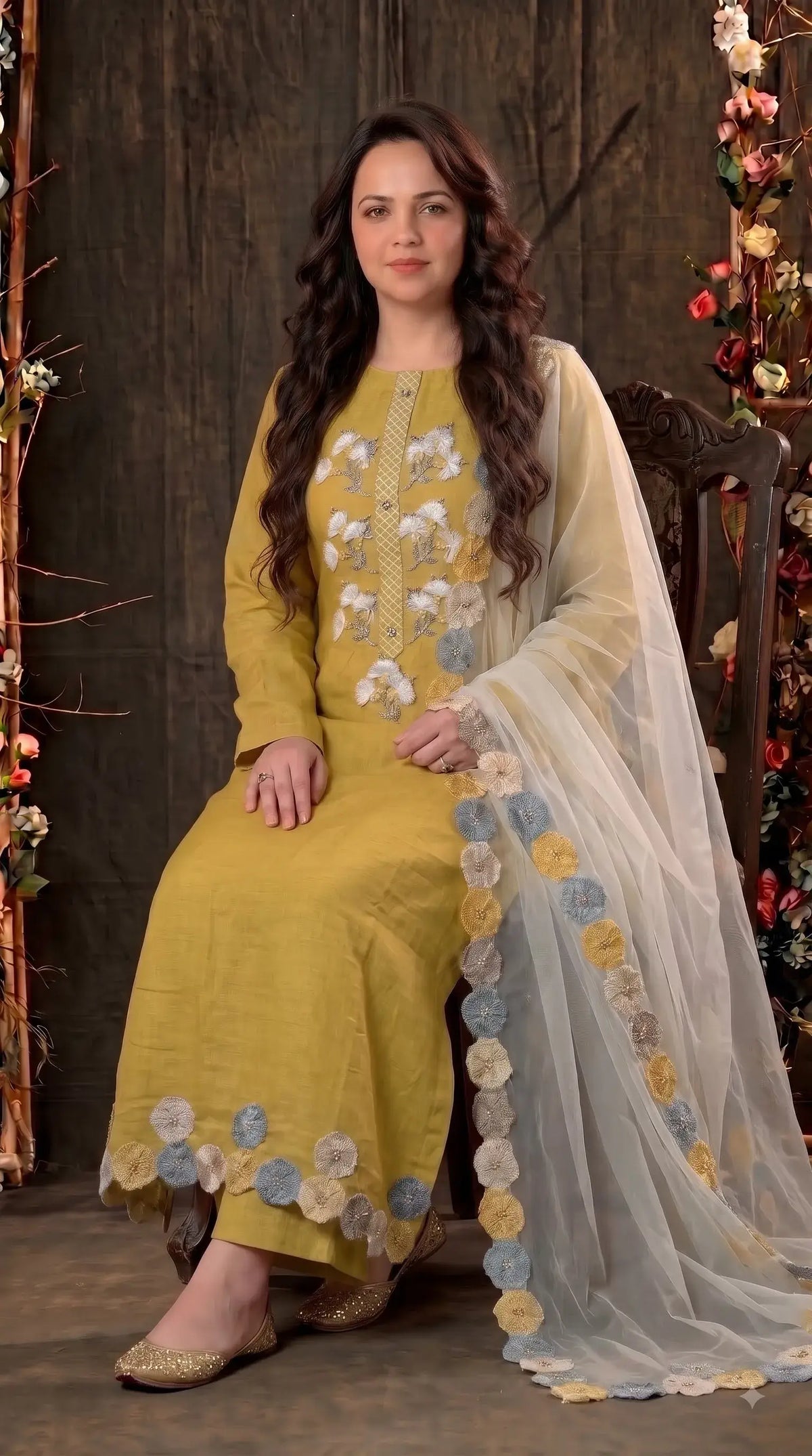 Pakistani Designer Mustard Yellow Pure Handloom Cotton Suit with 3D Floral Handwork, Thread & Pearl Detailing