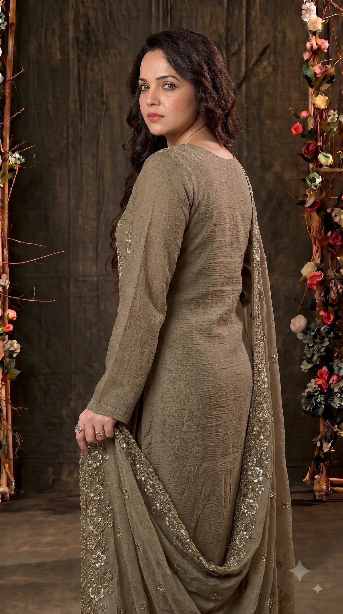 Premium Designer Olive Taupe Soft Crush Tissue Suit with Floral Embroidery, Pearl & Sequin Work