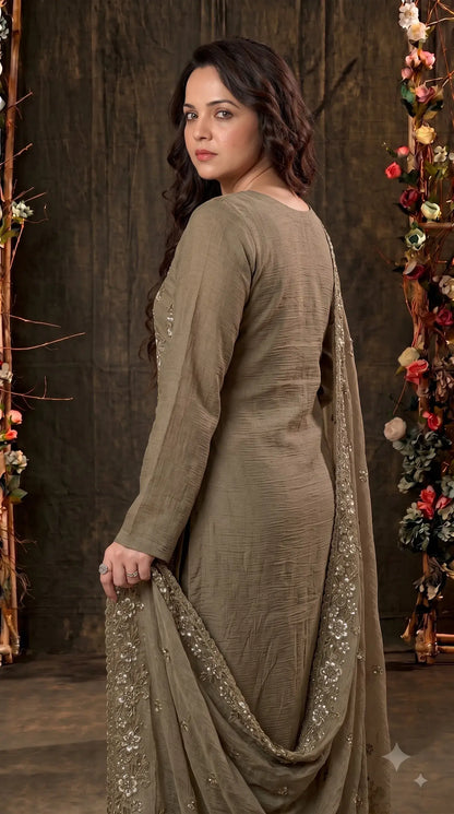 Premium Designer Olive Taupe Soft Crush Tissue Suit with Floral Embroidery, Pearl & Sequin Work