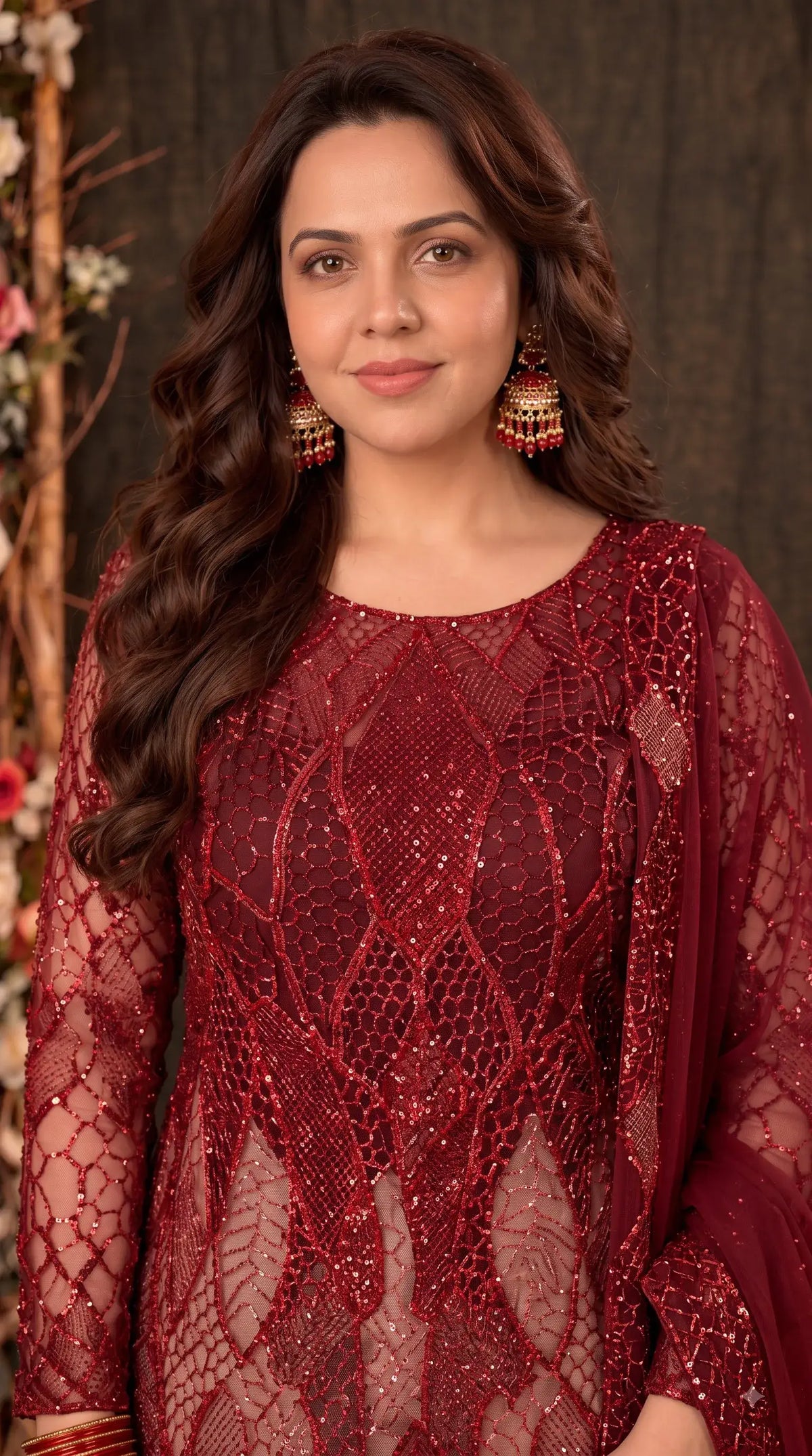 Royal Red Imported Premium Soft Net Pakistani Designer Suit with Handwork, Cut Dana, Pearl & Sequin Work