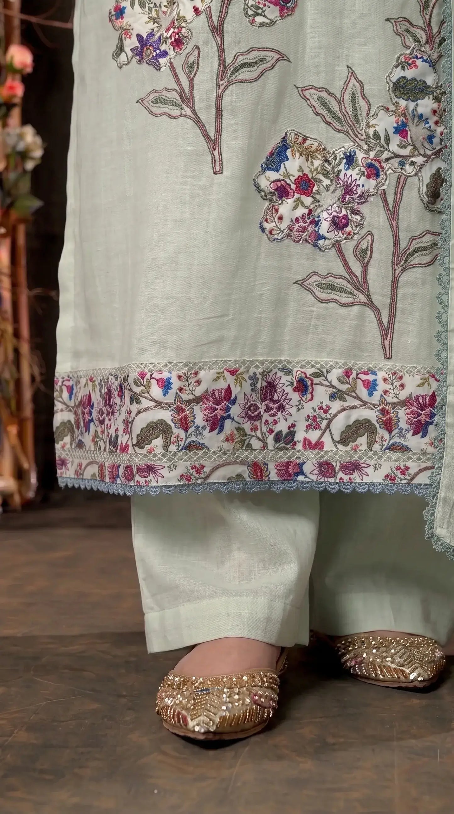 Light Green Mul Suit with Floral Embroidery & Embroidered Dupatta