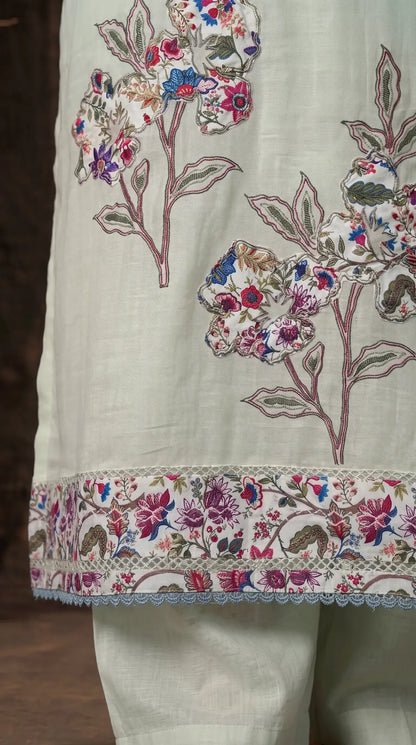 Light Green Mul Suit with Floral Embroidery & Embroidered Dupatta