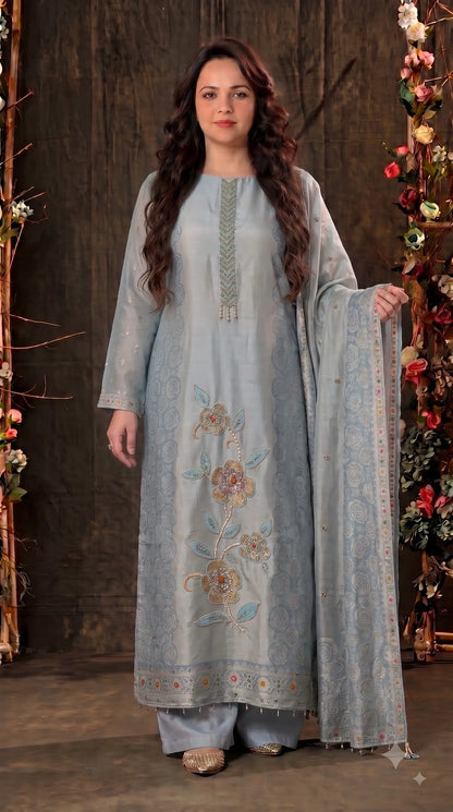 Premium Designer Sky Blue Banarsi Suit with Floral Bead & Sequin Work