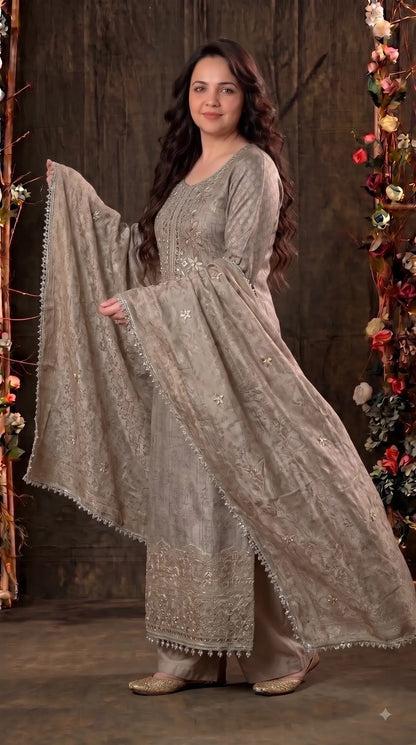 Pakistani Designer Ivory Shade Banarsi Suit with Mirror & Pearl Work
