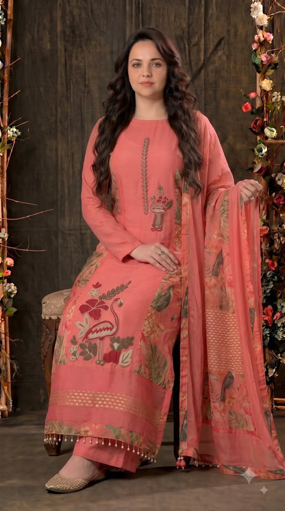 Premium Designer Soft Coral Pink Suit in Soft Shimmer Fabric