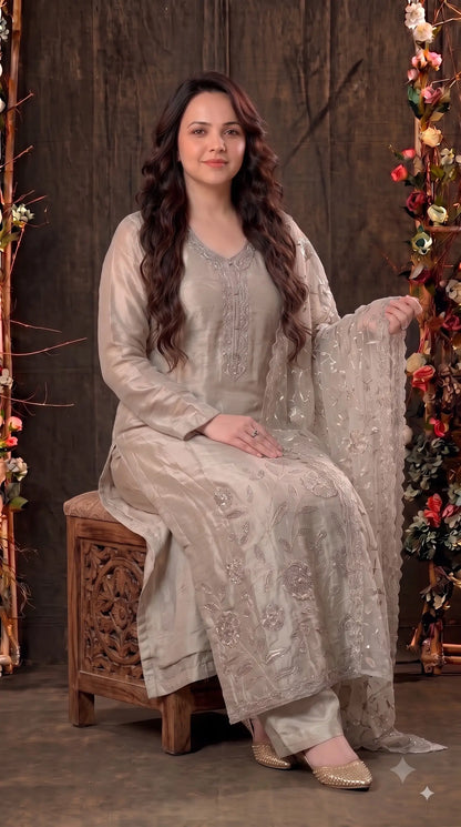 Premium Designer Ivory Taneria Suit with Silver Floral Embroidery & Embroidered Dupatta