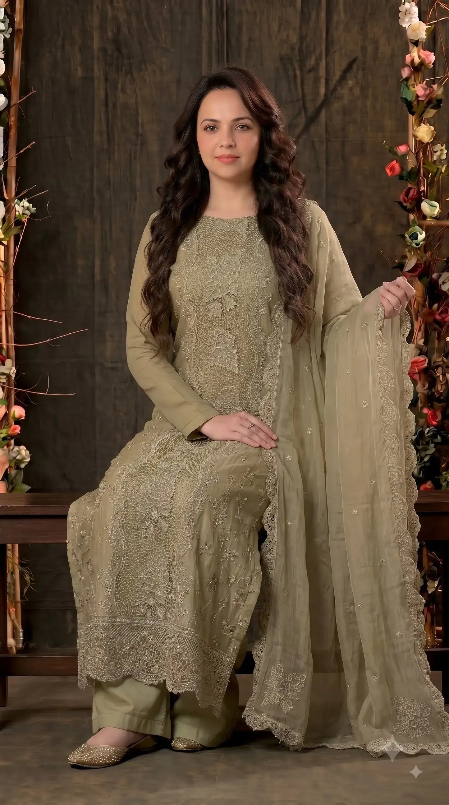 Premium Designer Soft Crush Pearl Work Suit – Soft Olive