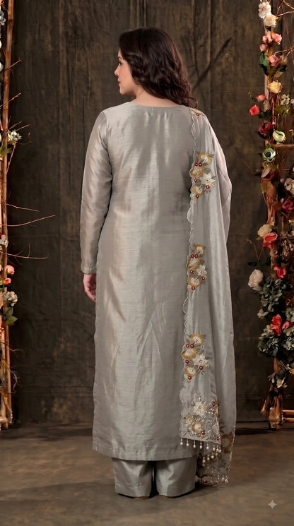 Premium Designer Silver Grey Giraffe Fabric Suit with Pearl, Sequin & Floral Embroidery Work