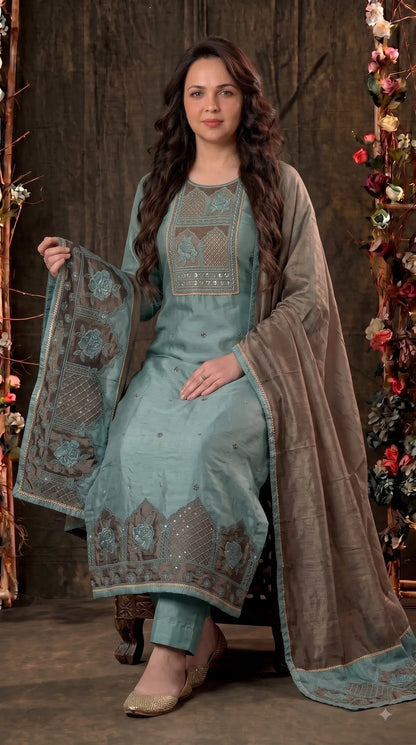 Pakistani Designer Sea Green Tissue Suit with Embroidery, Pearl & Sequin Work