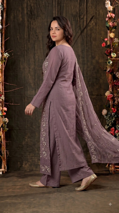 Pakistani Designer Mauve Shade Soft Crush Tissue Suit with Floral Embroidery, Pearl & Sequin Work