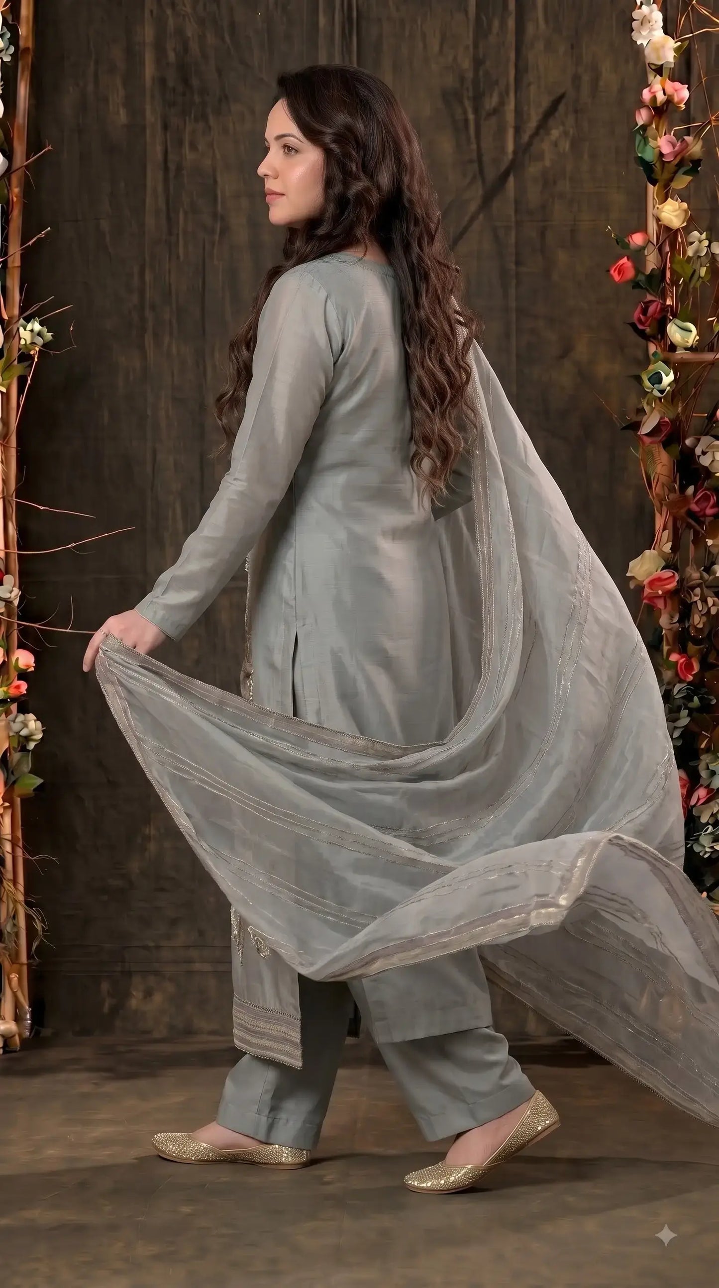 Premium Designer Silver Shade Designer Suit in Soft Tissue Fabric with Royal Hand Work