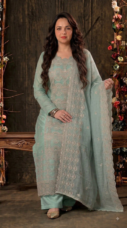 Premium Seafoam Mint Soft Crush Tissue Designer Suit with Intricate Cutwork Embroidery & Sequin Work