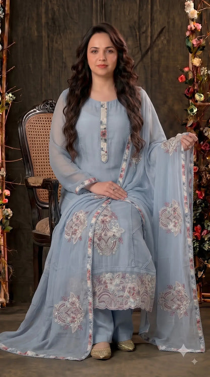 Premium Cotton Designer Sky Blue Floral Embroidered Suit with Pearl Handwork