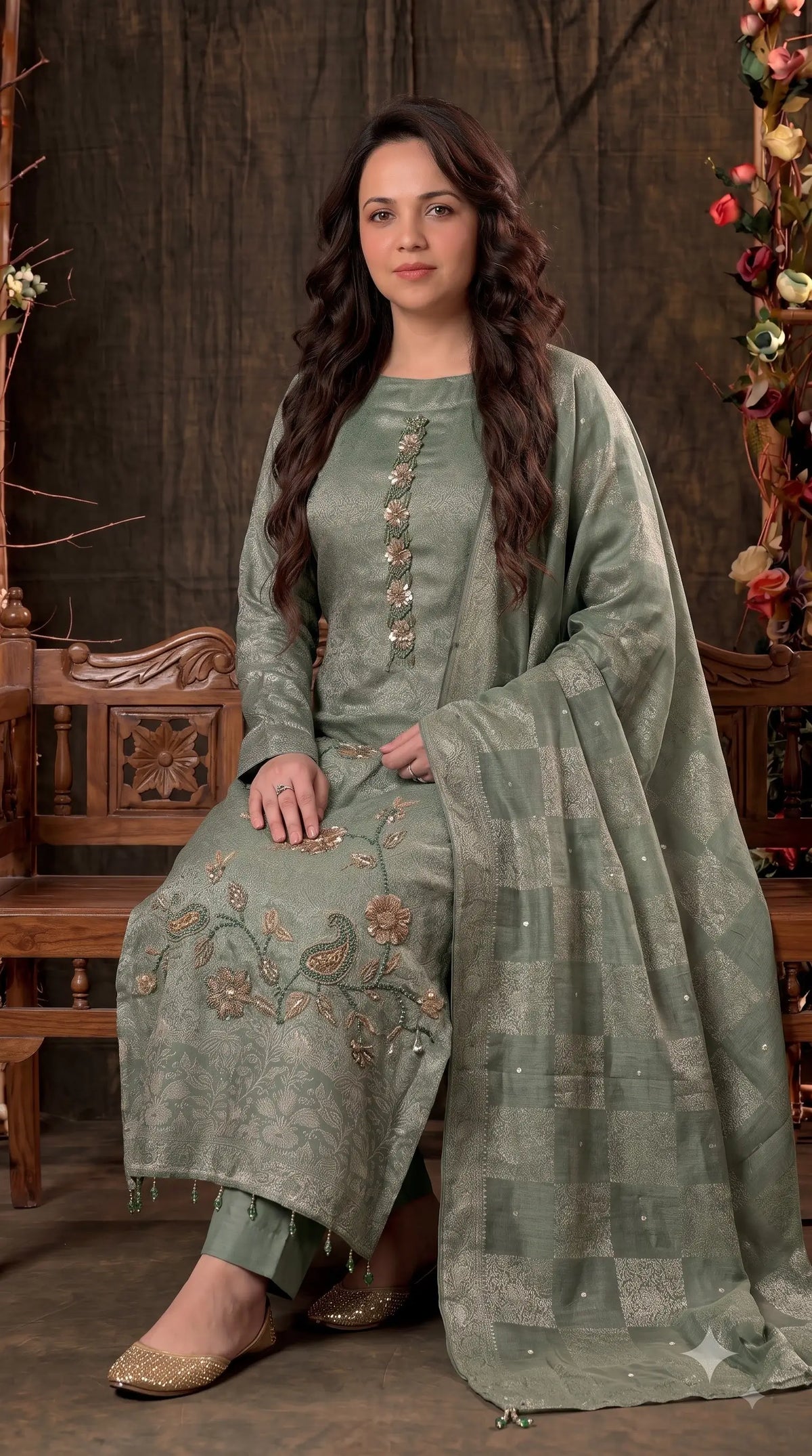 Premium Designer Sage Green Banarsi Suit with Floral Paisley Bead & Sequin Work