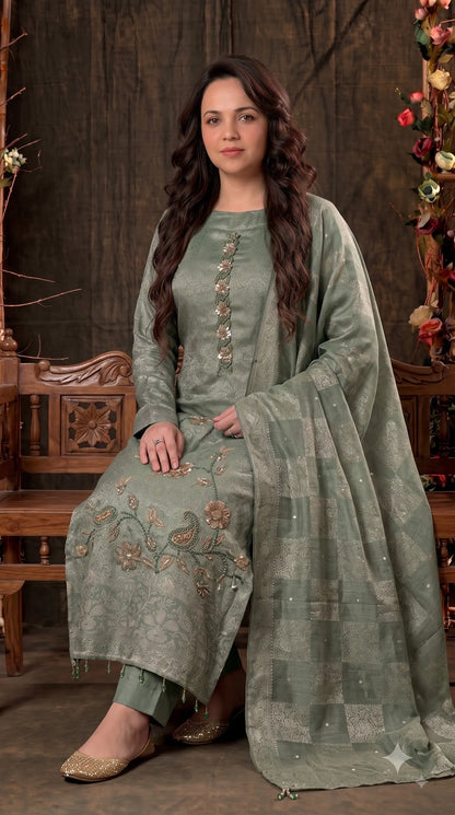 Premium Designer Sage Green Banarsi Suit with Floral Paisley Bead & Sequin Work