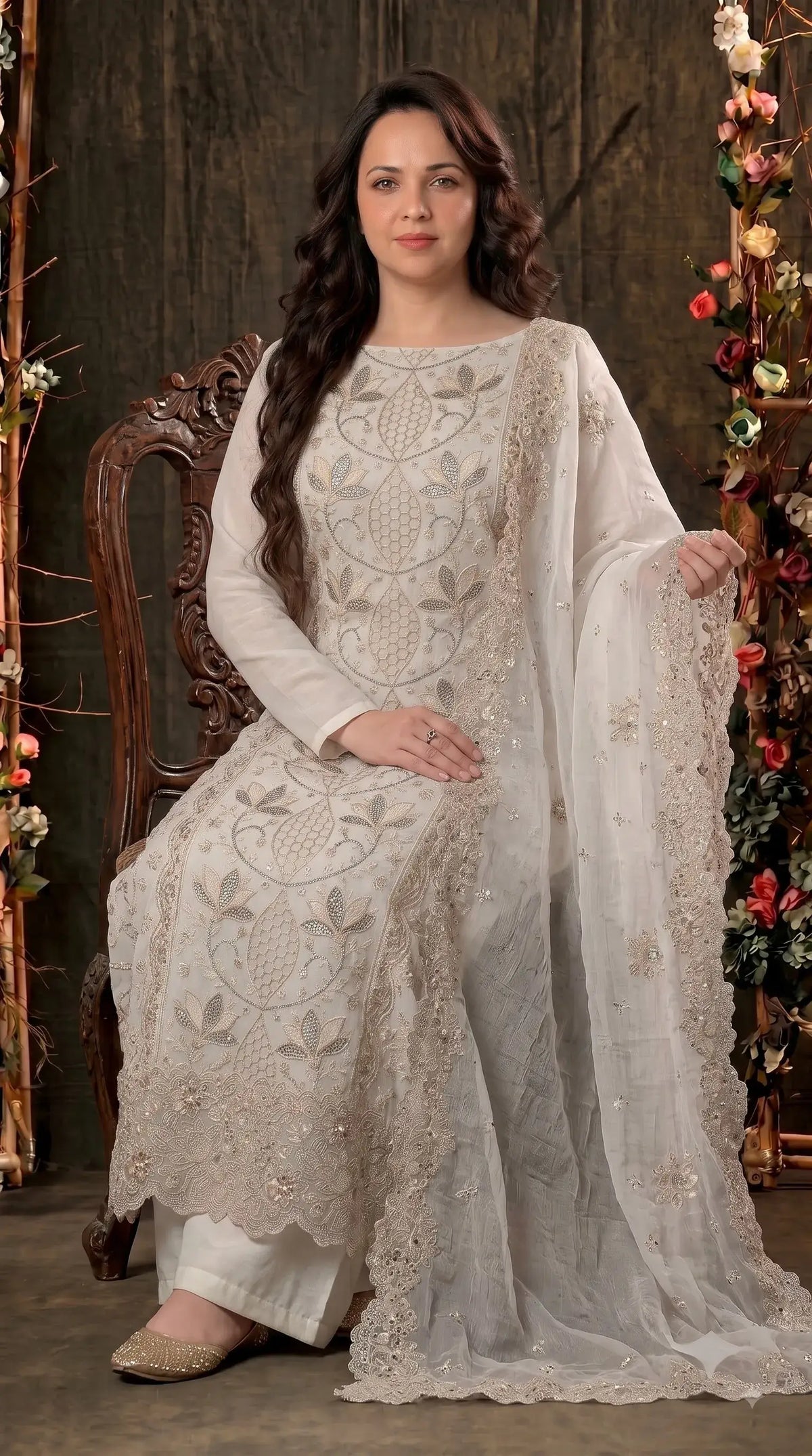 Premium Designer White Marble Chiffon Suit with Intricate Cutwork, Crystal & Floral Embroidery