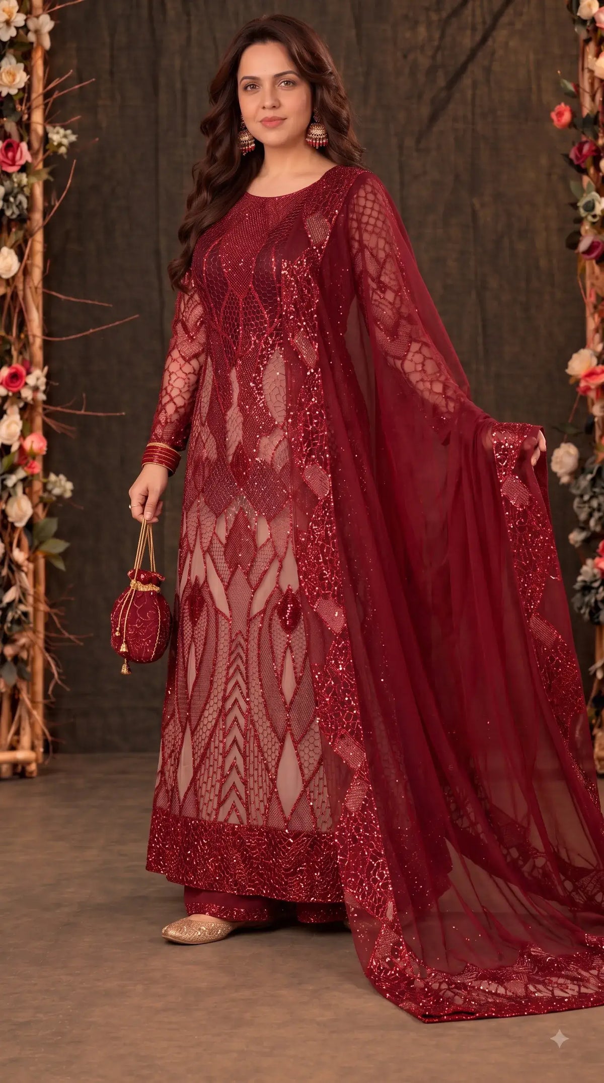Royal Red Imported Premium Soft Net Pakistani Designer Suit with Handwork, Cut Dana, Pearl & Sequin Work