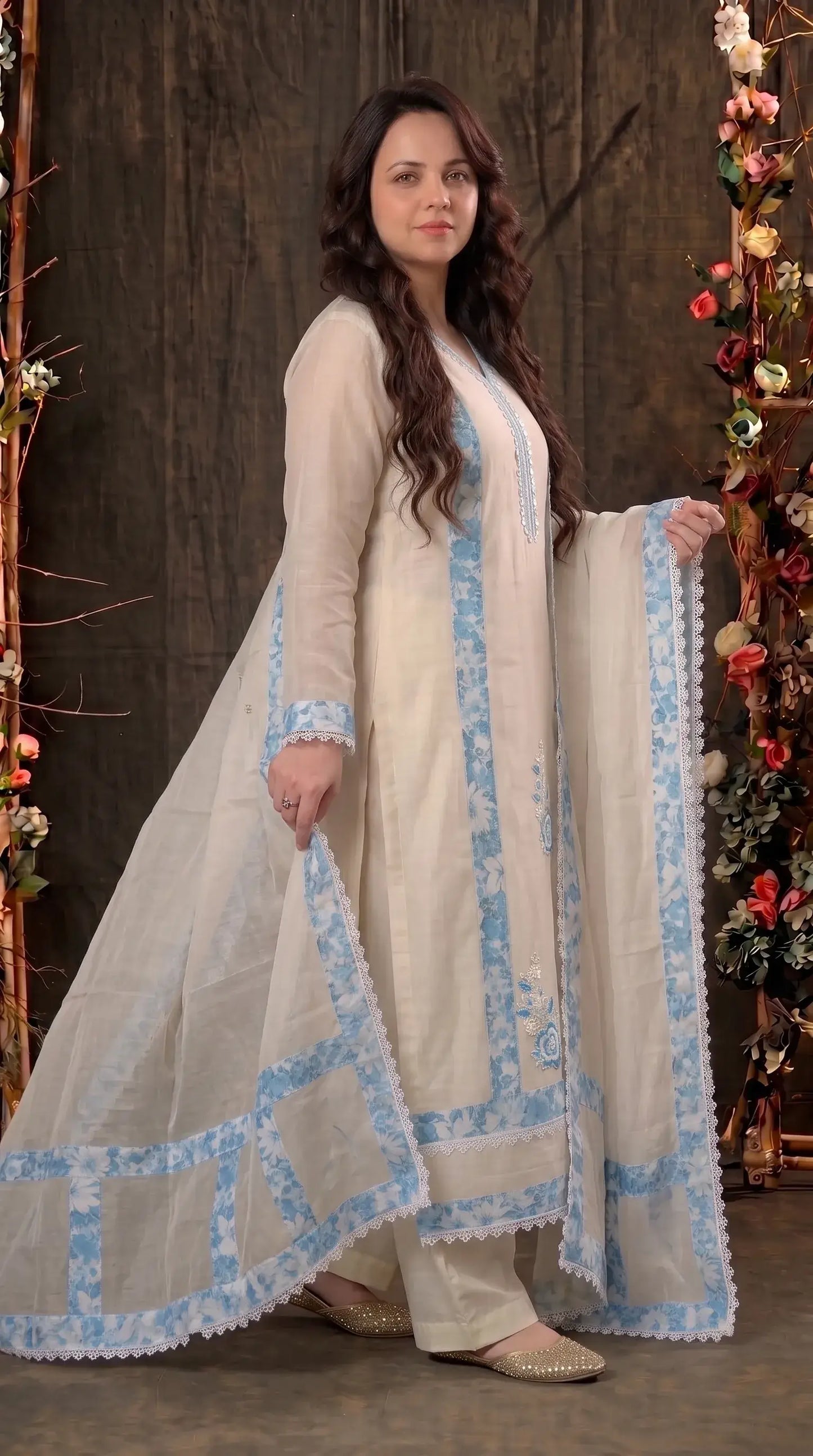 Ivory Blue Floral Designer Suit with Boutique Finish