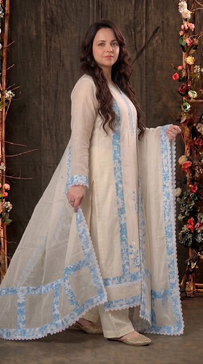 Ivory Blue Floral Designer Suit with Boutique Finish