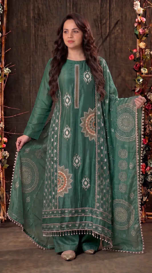 Premium Green Tissue Designer Suit with Elegant Dupatta