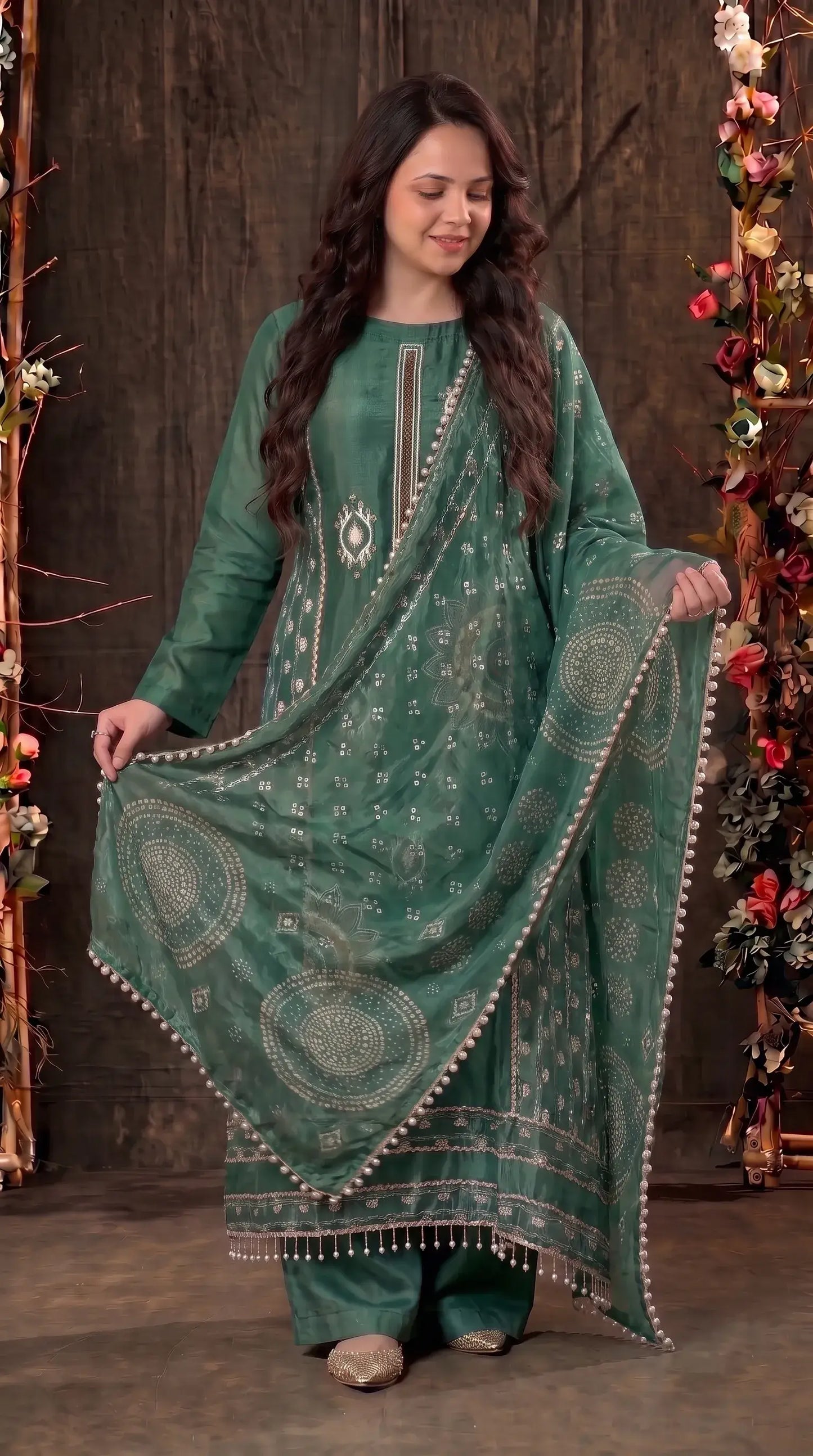 Premium Green Tissue Designer Suit with Elegant Dupatta