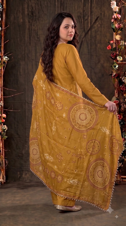 Premium Tissue Mustard Designer Suit with Pearl Detailing