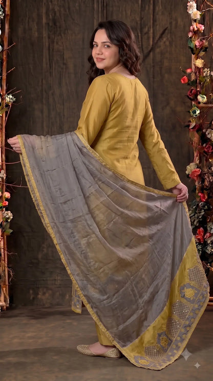 Premium Designer Mustard Gold Pakistani Suit with Grey Embroidered Dupatta