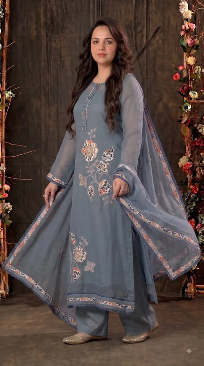Premium Designer Slate Blue Soft Cotton Pakistani Suit with Floral Appliqué Work