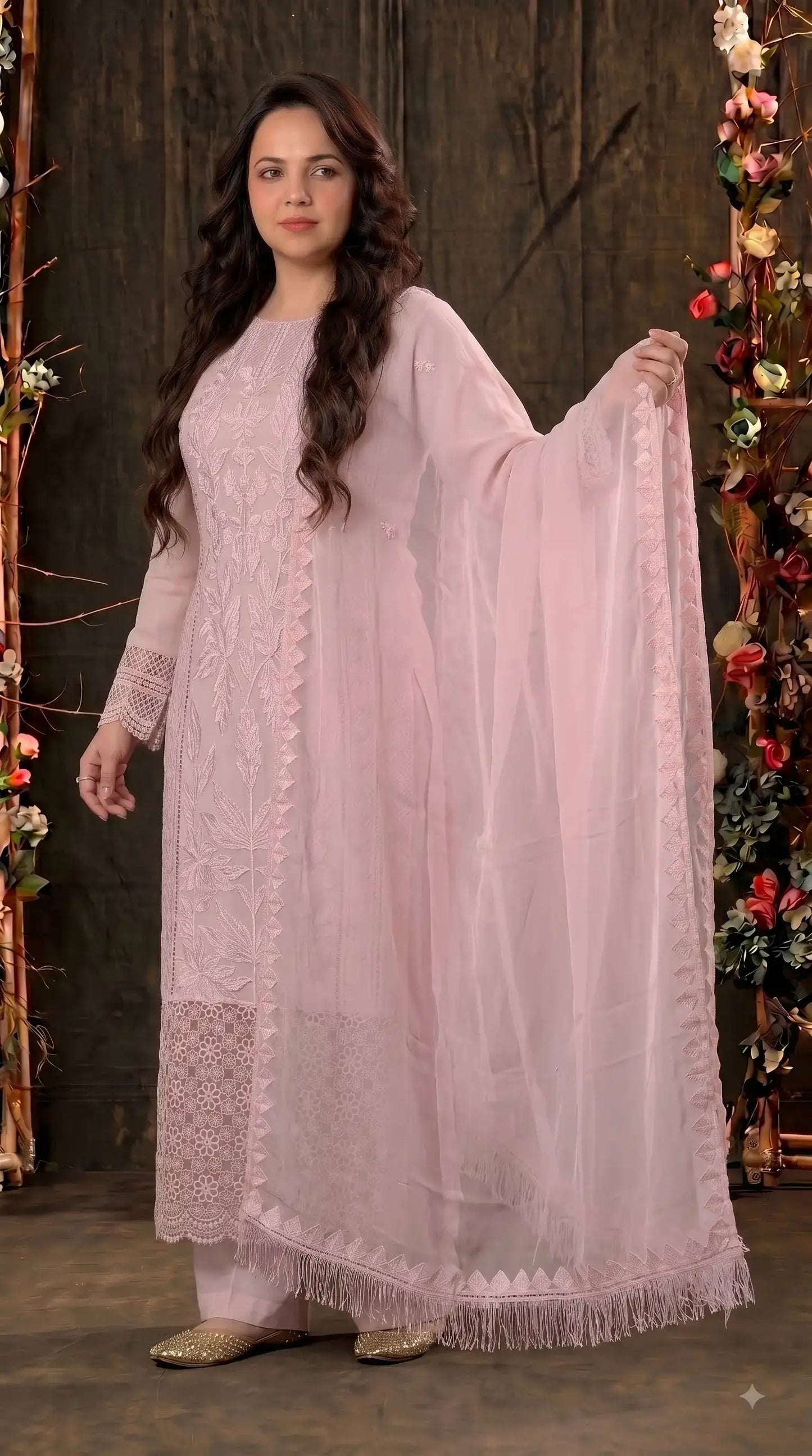 Premium Designer Soft Pink Soft Organza Suit with Appliqué Work