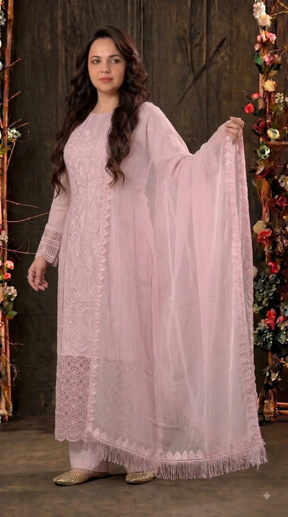 Premium Designer Soft Pink Soft Organza Suit with Appliqué Work
