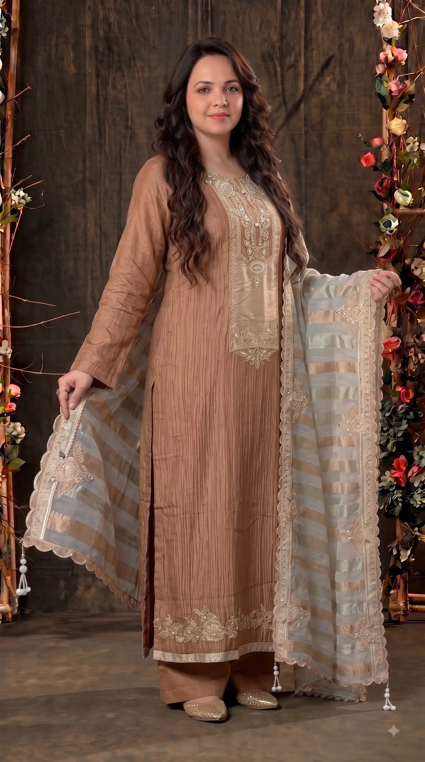 Premium Designer Caramel Bronze Soft Crush Suit with Pearl, Sequin & Intricate Embroidery Work