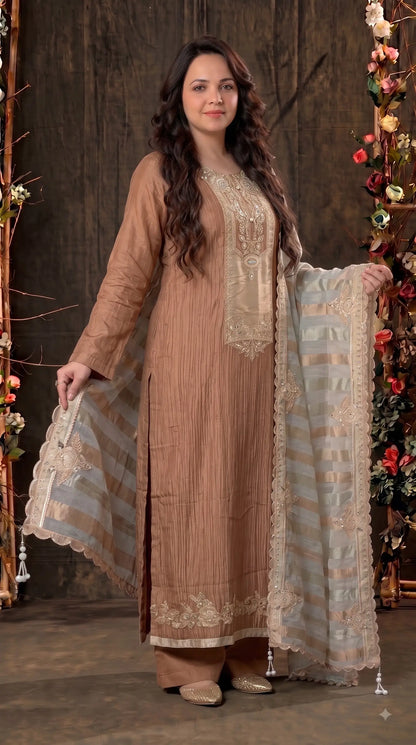 Premium Designer Caramel Bronze Soft Crush Suit with Pearl, Sequin & Intricate Embroidery Work