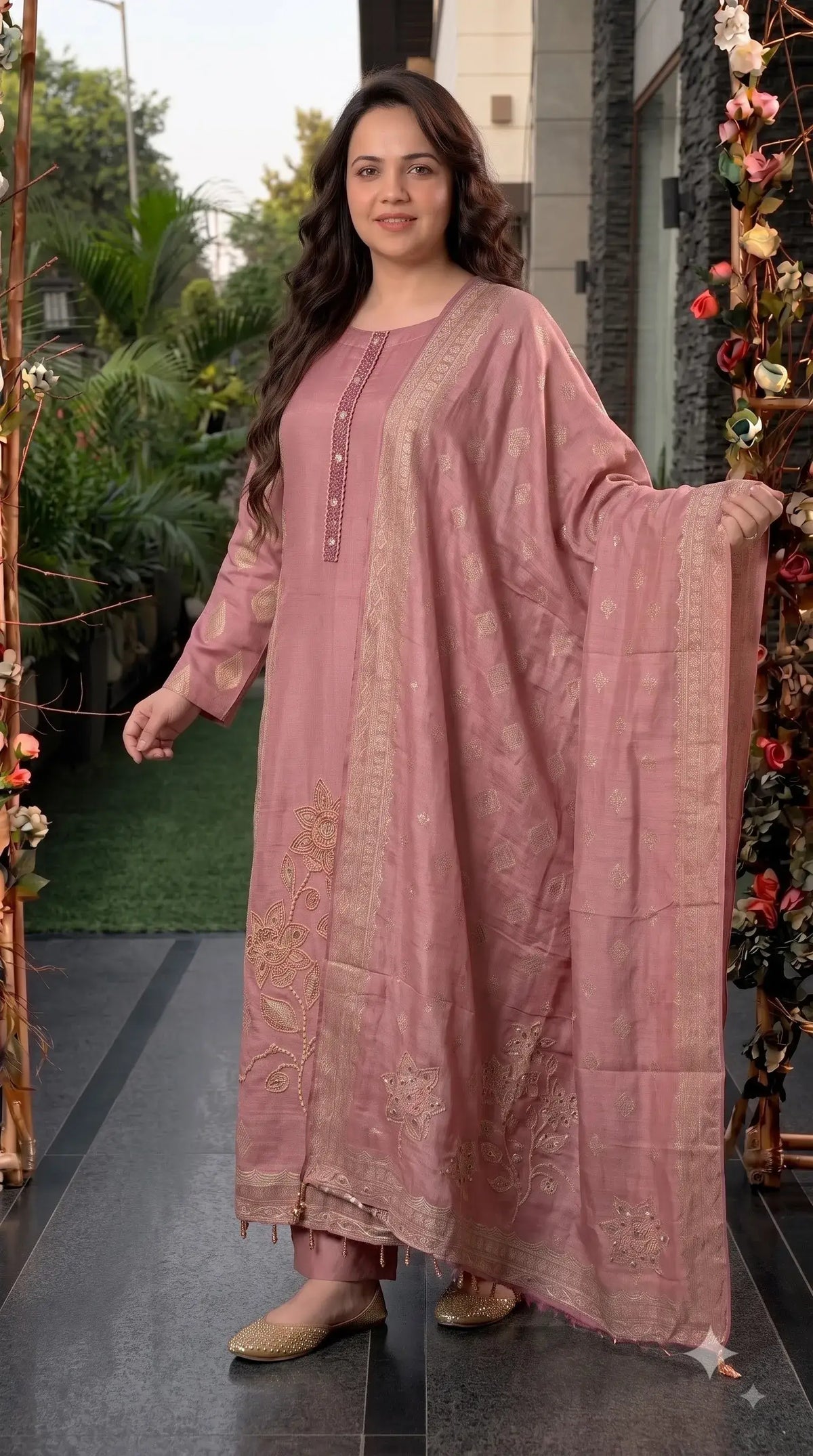 Pakistani Soft Pink Banarsi Pakistani Designer Suit with Floral Embroidery, Pearl, Bead & Mirror Work