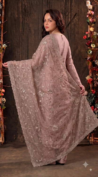 Premium Designer Dusty Pink-Taupe Taneria Suit with Floral Embroidery, Bead & Sequin Work